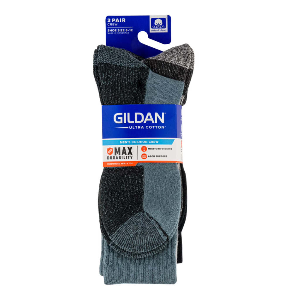 Gildan Men's Ultra Cotton Crew Socks 3 Pack Grey Heather Ice Blue Black